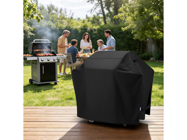 Black Grill Cover, HeavyDuty Oxford Fabric Outdoor BBQ Gas Grill Protector with Handles and Secure Fastening