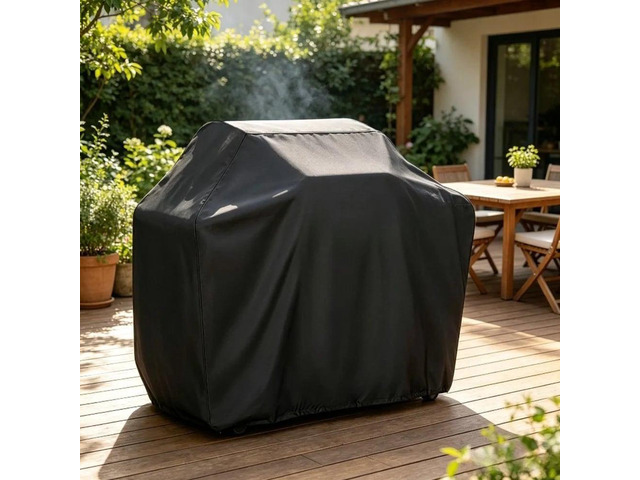 Black Grill Cover, HeavyDuty Oxford Fabric Outdoor CartStyle BBQ Gas Grill Protector with Secure Fastening Straps