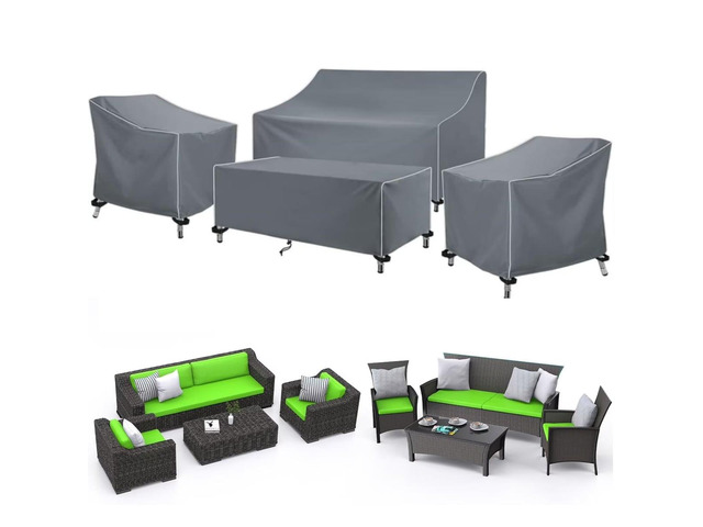 Grey 4Piece Patio Furniture Set Covers, HeavyDuty Oxford Fabric Waterproof UVResistant Outdoor Sofa Table Chair Protector Set