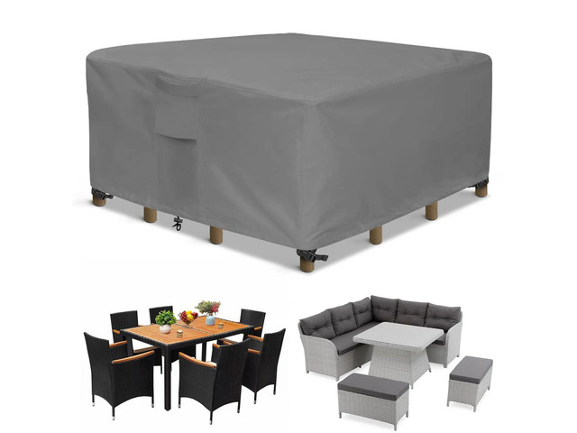 Grey Square Patio Furniture Set Cover, HeavyDuty Oxford Fabric Waterproof UVResistant Outdoor Square Sofa Table Chair Protector with Storage Pocket