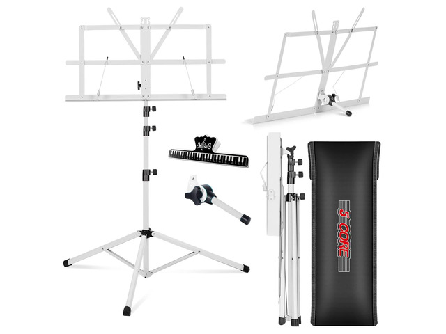 5 Core Music Stand For Sheet Music Portable Tripod Adjustable Folding Note Holder Higher White