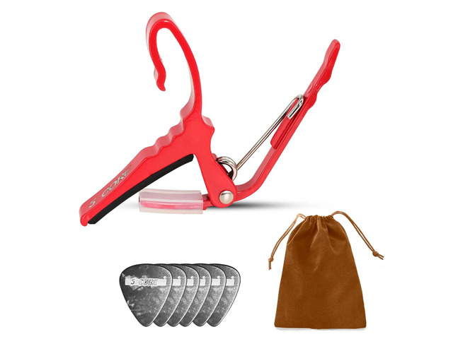 5Core Capo Acoustic Electric Guitar String Clip Banjo Mandolin Or Ukulele + 6Pcs Guitar Picks Celluloid Puas Para Guitarra + Carry Bag - CAPO AL RED
