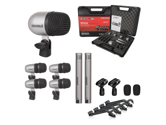5 Core Drum Microphone Kit 7Pc All Metal Drummer Mics Tom/Snare & Cymbals Wired Instrument Drums Set