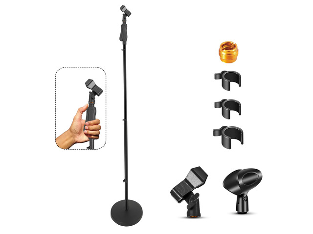 5 Core Universal Microphone Stand Squeeze Clutch Height Adjustable 35' to 57' Round Base Floor Mic Holder Metal Build MS RBL HND CLCH