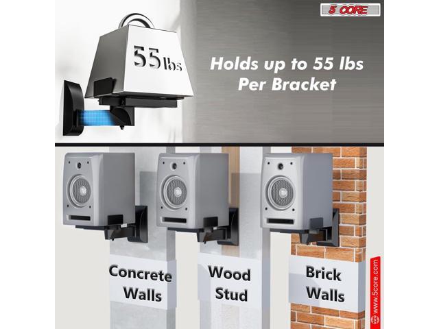 5 Core Speaker Wall Mount Adjustable Shelf Holder Swivel 180 Degree Bookshelf Brackets - 15 Inch Space for Speakers Pair Holds Upto 55lbs - WST...