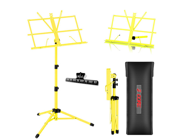 5 Core Music Stand, 2 in 1 Dual-Use Adjustable Folding Sheet Stand Yellow / Metal Build Portable Sheet Holder / Carrying Bag, Music Clip and Stand...