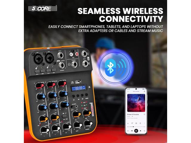 5 Core Audio Interface Mixer 4 Channel PC XLR Bluetooth USB DJ Music Stereo Sound Board Professional Small Podcast Karaoke Streaming PA Analog...