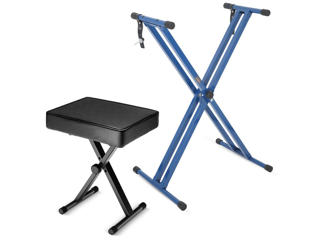 5 Core Keyboard Stand Double X Style Adjustable Piano Riser BLUE + Keyboard Piano Bench BLACK