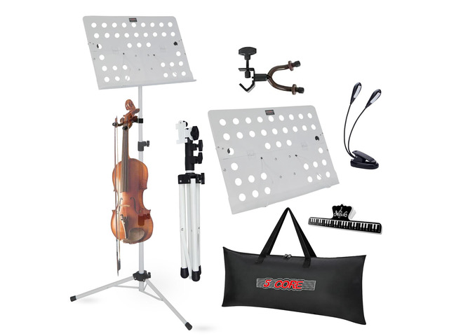 5 Core Music Stand For Sheet Music Portable Tripod Adjustable Folding Note Holder White