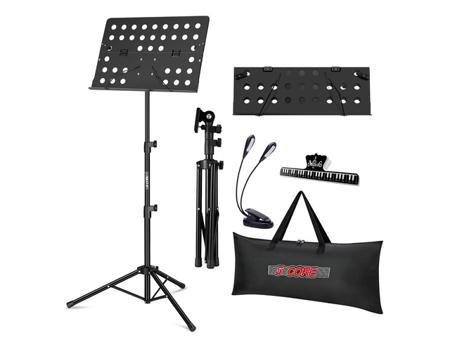 5 Core Music Stand For Sheet Music Tripod Height Adjustable Portable Folding Note Holder Atril Para Partituras w Light Clip MUS FLD HD ACC BLK