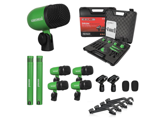 5 Core Drum Microphone Kit 7Pc All Metal Drummer Mics Tom/Snare & Cymbals Wired Instrument Drums Set