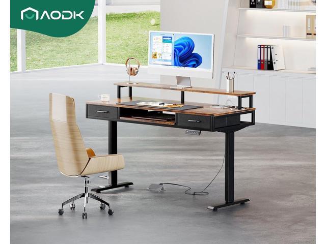 AODK Electric Standing Desk with Drawers & Keyboard Tray, 55 Inch Height Adjustable Gaming Desk with Power Outlets & LED Lights, Sit Stand Table...