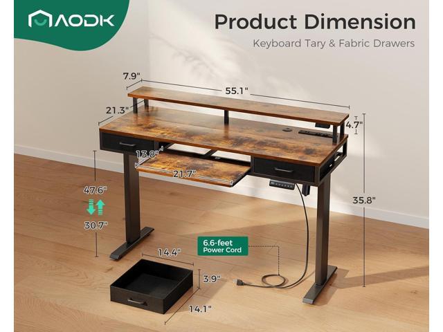 AODK Electric Standing Desk with Drawers & Keyboard Tray, 55 Inch Height Adjustable Gaming Desk with Power Outlets & LED Lights, Sit Stand Table...