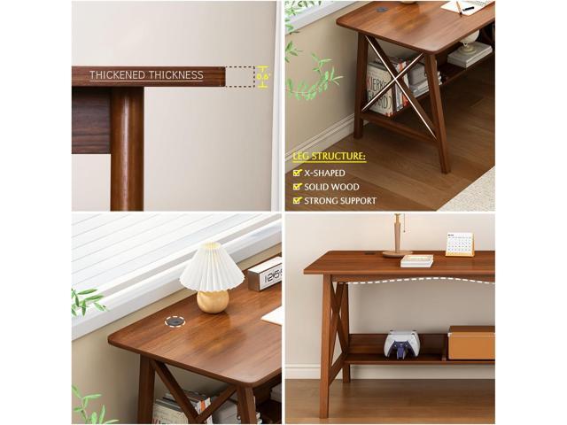 Extra Long Desk with Bookshelf - Home Office Work Study Solid Wood Legs Table, Writing Computer Workstation with Storage Shelf in Walnut, 47' Wx16...