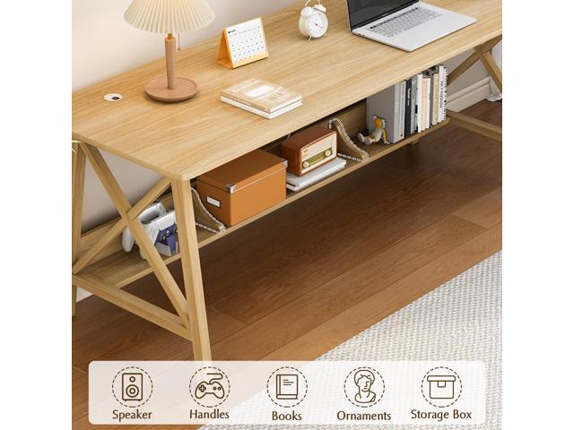 Extra Long Desk with Bookshelf - Solid Wood Home Office Work Study Table, 2-Person Writing Computer Workstation with Storage Shelf in Oak, 63' Wx20...