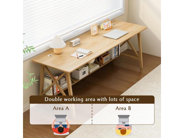 Extra Long Desk with Bookshelf - Solid Wood Home Office Work Study Table, 2-Person Writing Computer Workstation with Storage Shelf in Oak, 63' Wx20...