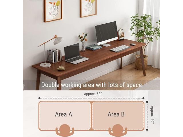 Mid-Century Long Desk Table - 63' Simple Modern Extra Long 2-Person Wood Computer Workstation for Home Office Work in Walnut, 63' W x 20' D