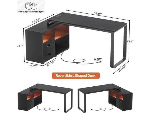 Homieasy L Shaped Desk with File Cabinet & Power Outlet, Reversible 55 Inch Large Corner Computer Desks with LED Strip, L-Shaped Computer Desk with...