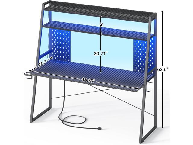Gaming Desk with Hutch and LED Lights, Gaming Computer Desk with Power Outlets, Gamer Desk with Storage Shelves, PC Game Desks with Pegboards, for...