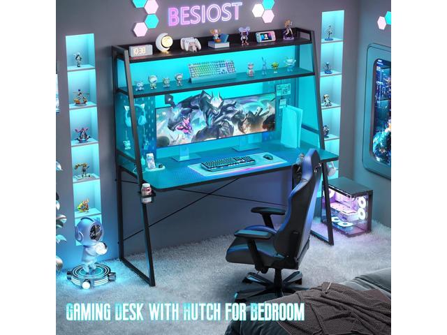 Gaming Desk with Hutch and LED Lights, Gaming Computer Desk with Power Outlets, Gamer Desk with Storage Shelves, PC Game Desks with Pegboards, for...
