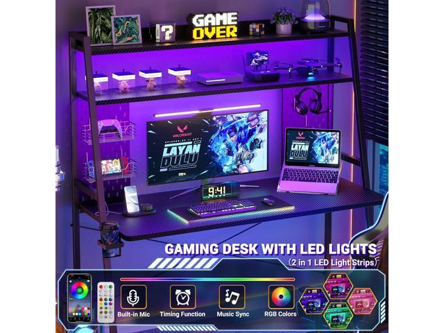 Gaming Desk with Hutch and LED Lights, Gaming Computer Desk with Power Outlets, Gamer Desk with Storage Shelves, PC Game Desks with Pegboards, for...