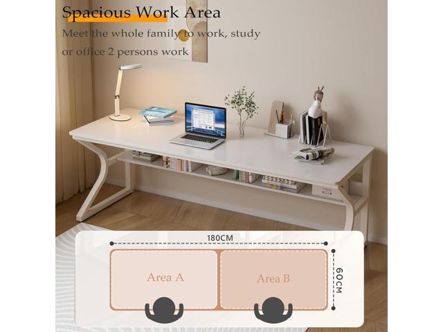 Extra Long Desk with Bookshelf - 71' Double Long Writing Table for 2-Person Workstation, Modern Study Work Computer Desk for Home and Office, Warm...