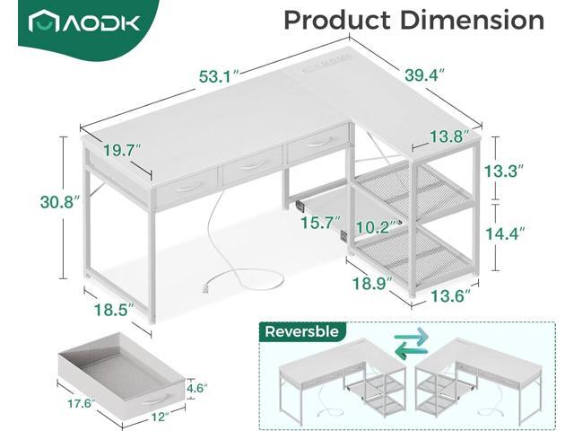 AODK 53 Inch L Shaped Computer Desk with Drawers, Corner Desk with Power Outlets & Reversible Storage Shelves, Movable CPU Stand for Home Office...
