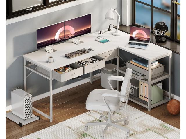 AODK 53 Inch L Shaped Computer Desk with Drawers, Corner Desk with Power Outlets & Reversible Storage Shelves, Movable CPU Stand for Home Office...
