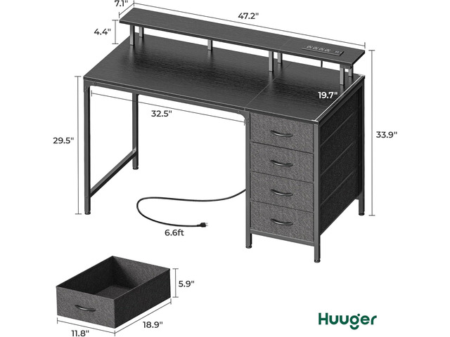 Huuger 47 Inch Computer Desk with Power Outlets and LED Lights, Gaming Desk with 4 Drawers, Office Desk with Monitor Stand, Study Work Home Office,...