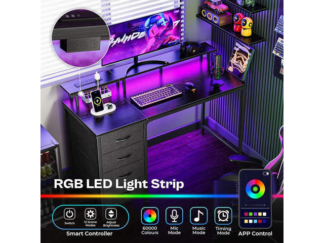 Huuger 47 Inch Computer Desk with Power Outlets and LED Lights, Gaming Desk with 4 Drawers, Office Desk with Monitor Stand, Study Work Home Office,...