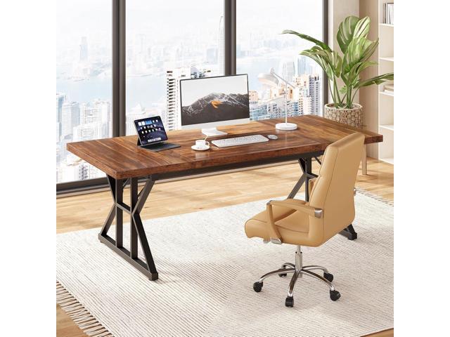 LITTLE TREE 70.8-Inch Office Desk, Wooden Executive Office Desk, Modern Work Desk, Large Farmhouse Writing Table Computer Desk for Home, Brown-Black