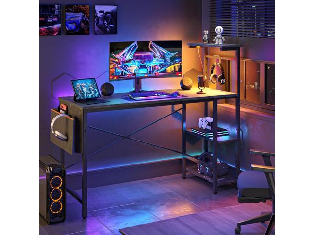 Bestier Gaming Desk with LED Lights, 51.3 Inch Computer Desk with 4 Tiers Reversible Shelves, Gamer Desk with Side Storage Bag, Hooks and Height...