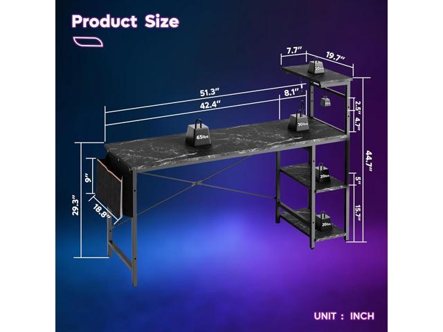 Bestier Gaming Desk with LED Lights, 51.3 Inch Computer Desk with 4 Tiers Reversible Shelves, Gamer Desk with Side Storage Bag, Hooks and Height...