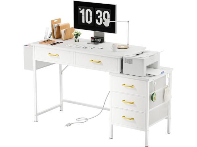Computer Desk with Charging Station, Home Office Desks with Printer Stand, PC Desk with 5 Fabric Drawers, White Desk with Storage, Vanity Desk for...