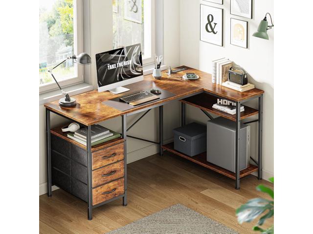 Huuger L Shaped Office Desk with Power Outlets, 47 Inch Computer Desk with 3 Drawers, Shelves, for Gaming, Corner Work, Home Office, Study, Rustic...