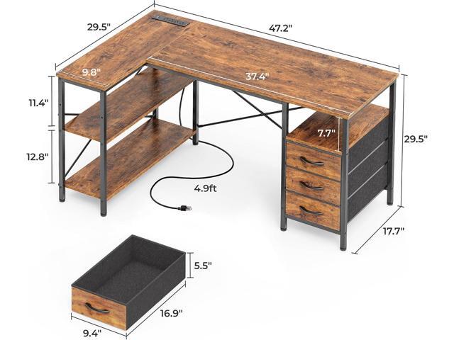 Huuger L Shaped Office Desk with Power Outlets, 47 Inch Computer Desk with 3 Drawers, Shelves, for Gaming, Corner Work, Home Office, Study, Rustic...