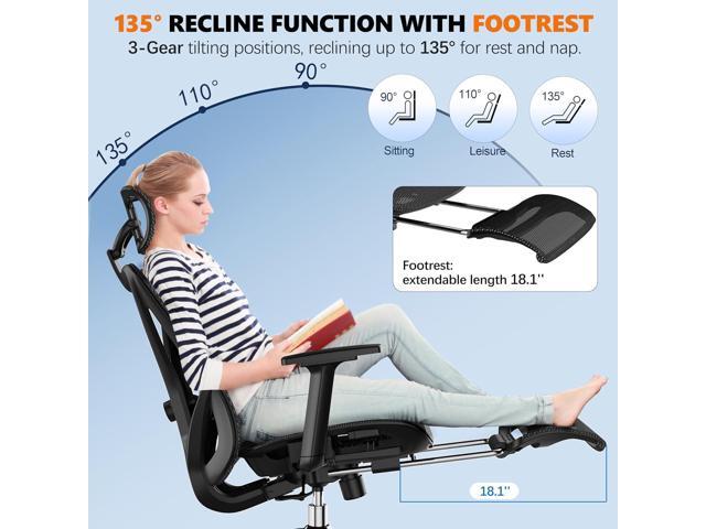 GABRYLLY Ergonomic Office Chair with Footrest, 135° Reclining Desk Chair with Adjustable Lumbar Support,3D Armrest,Headrest & Large Steel Base,...