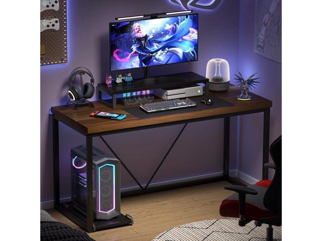 FOLUBAN Modern Computer Desk, Rustic Wood and Metal Study Writing Table, Simple Work Gaming PC Desk for Home Office, Walnut 53 Inch