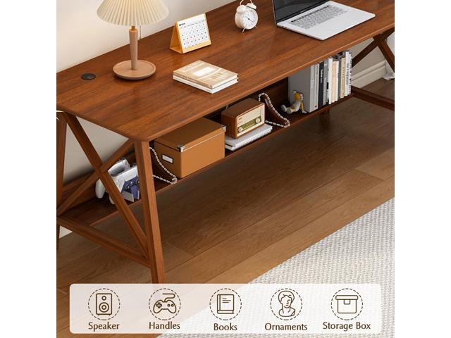 Extra Long Desk with Bookshelf - Home Office Work Study Solid Wood Legs Table, Writing Computer Workstation with Storage Shelf in Walnut, 47' Wx16...