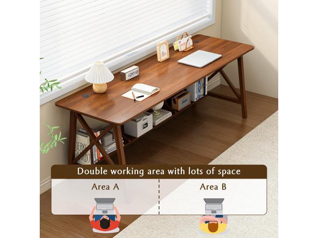 Extra Long Desk with Bookshelf - Home Office Work Study Solid Wood Legs Table, Writing Computer Workstation with Storage Shelf in Walnut, 47' Wx16...