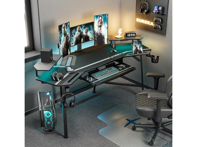 EUREKA ERGONOMIC Aero Gaming Desk with Led Lights, 72' Large Wing-Shaped Studio Desk W Keyboard Tray Monitor Stand Dual Headphone Hanger Cup Holder...