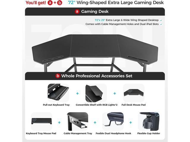EUREKA ERGONOMIC Aero Gaming Desk with Led Lights, 72' Large Wing-Shaped Studio Desk W Keyboard Tray Monitor Stand Dual Headphone Hanger Cup Holder...