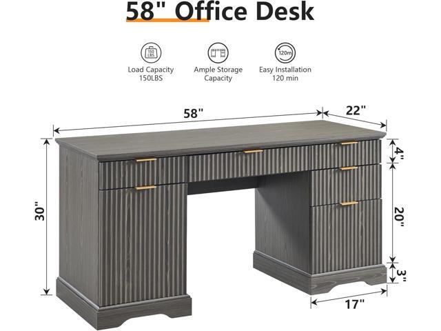 JXQTLINGMU 60' Modern Executive Desk with Storage, Wood Home Office Desk with Drawer & Cabinet, Fluted Computer Writing Desk for Study, Living...