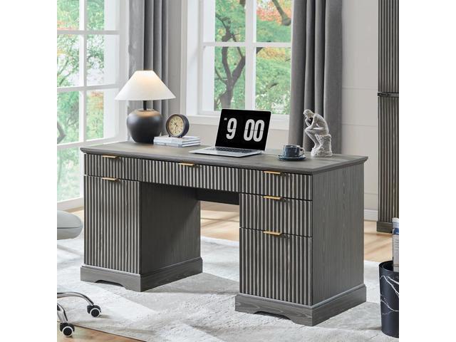 JXQTLINGMU 60' Modern Executive Desk with Storage, Wood Home Office Desk with Drawer & Cabinet, Fluted Computer Writing Desk for Study, Living...