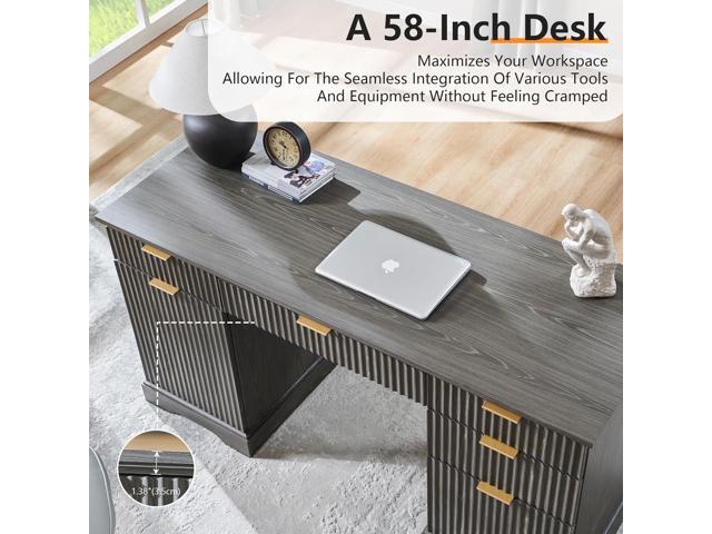 JXQTLINGMU 60' Modern Executive Desk with Storage, Wood Home Office Desk with Drawer & Cabinet, Fluted Computer Writing Desk for Study, Living...