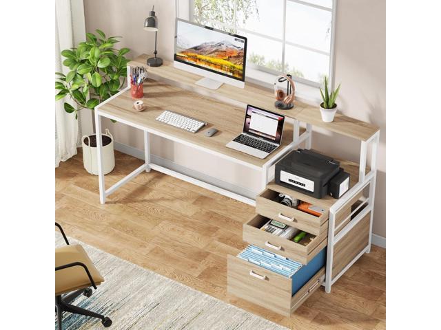 Tribesigns 63 Inch Computer Desk with File Drawer Cabinet, Ergonomic Office Desk with Monitor Stand, Industrial Computer Table with Printer Space,...