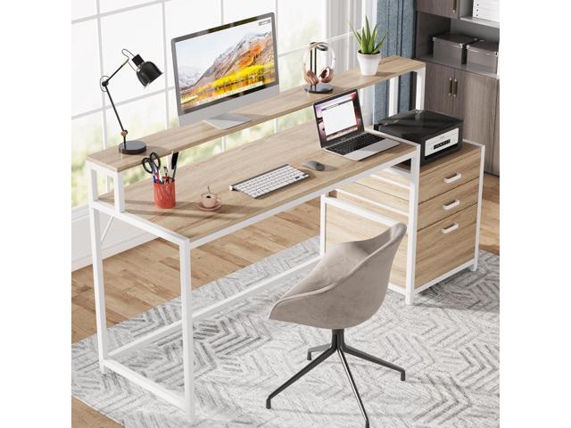 Tribesigns 63 Inch Computer Desk with File Drawer Cabinet, Ergonomic Office Desk with Monitor Stand, Industrial Computer Table with Printer Space,...
