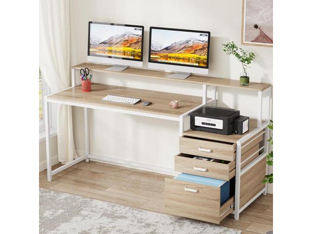Tribesigns 63 Inch Computer Desk with File Drawer Cabinet, Ergonomic Office Desk with Monitor Stand, Industrial Computer Table with Printer Space,...