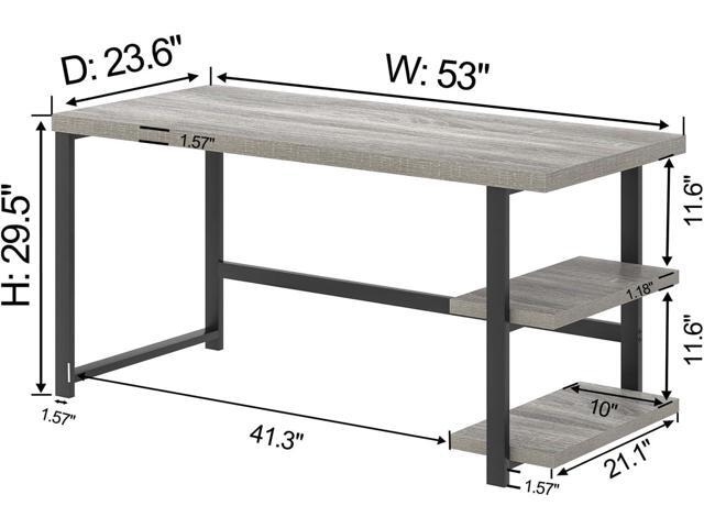 FOLUBAN Computer Desk, Modern Home Office Desk with Shelves, Wood Writing Study Gaming Table for Living Room Bedroom, Light Grey, 53 inch