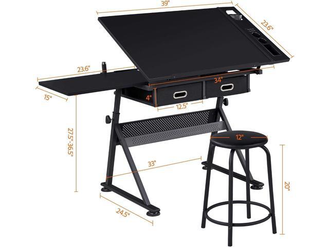 Yaheetech Drafting Table for Artists, Height Adjustable Drawing Desk Art/Craft Desk Diamond Paintings Work Station w/ 2 Storage Drawers and Stool...